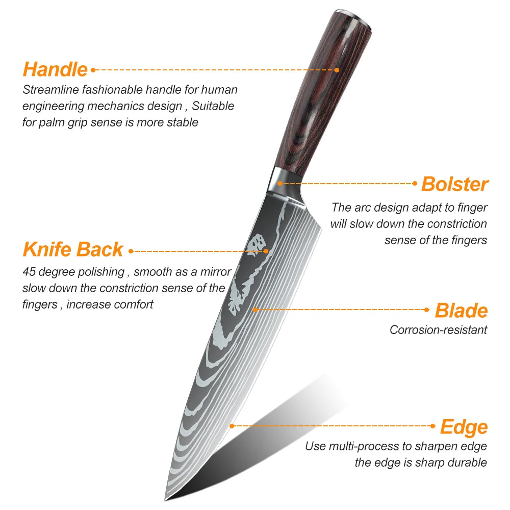 5PCS Japanese Kitchen Knives Set Professional Laser Damascus Pattern Stainless Steel Meat Cleaver Slicer Knife