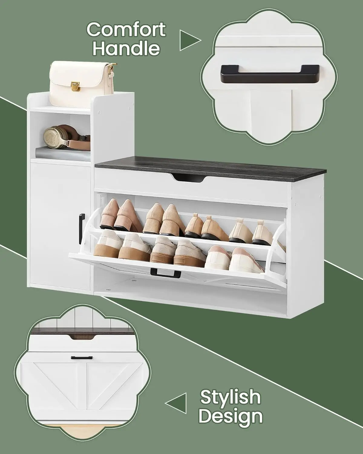 Farmhouse Shoe Storage Bench With Flip Drawer Seat White