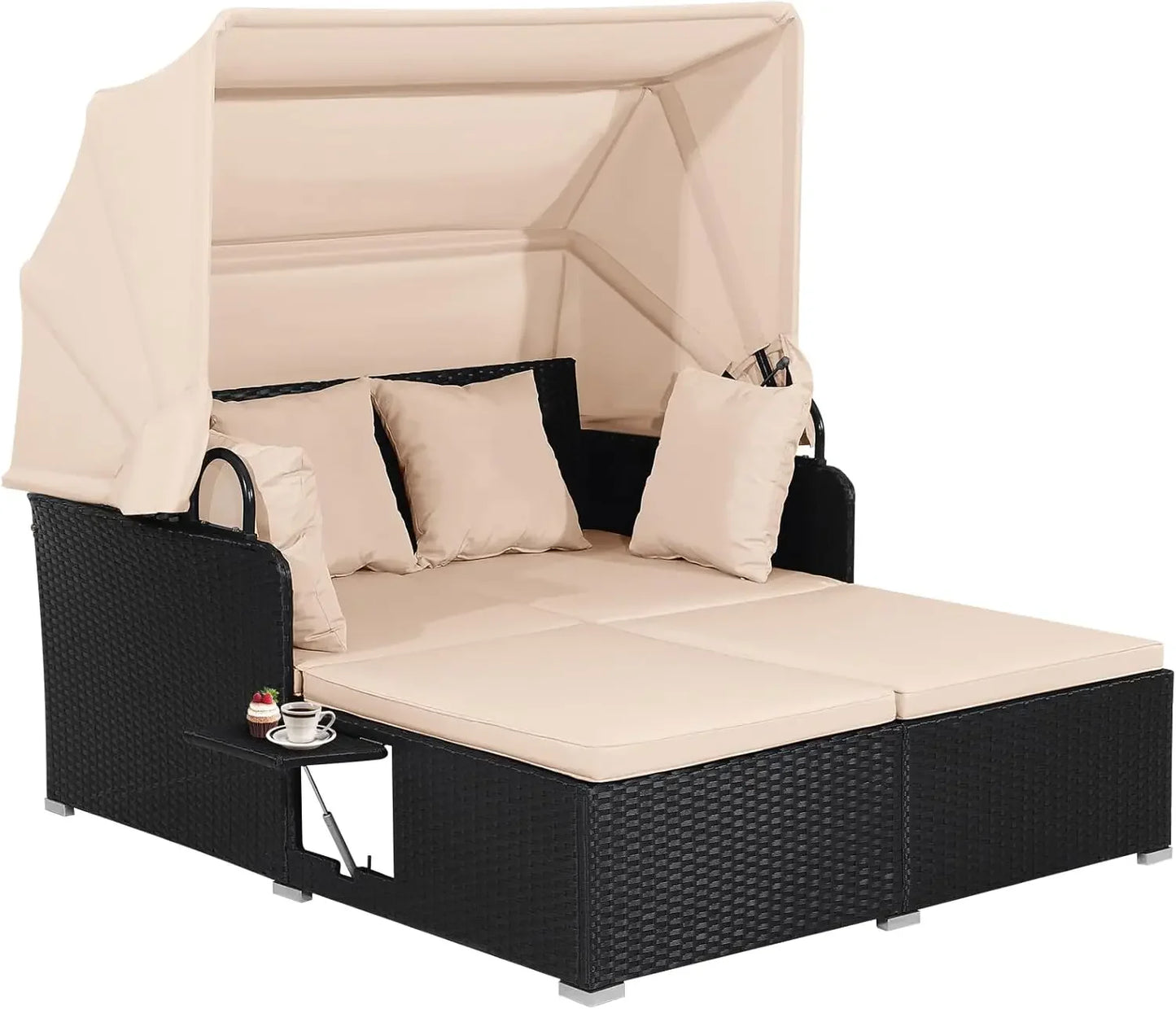 Outdoor Hand Woven PE Wicker Daybed Patio Loveseat Sofa Set with Retractable Canopy and 2 Side Tables