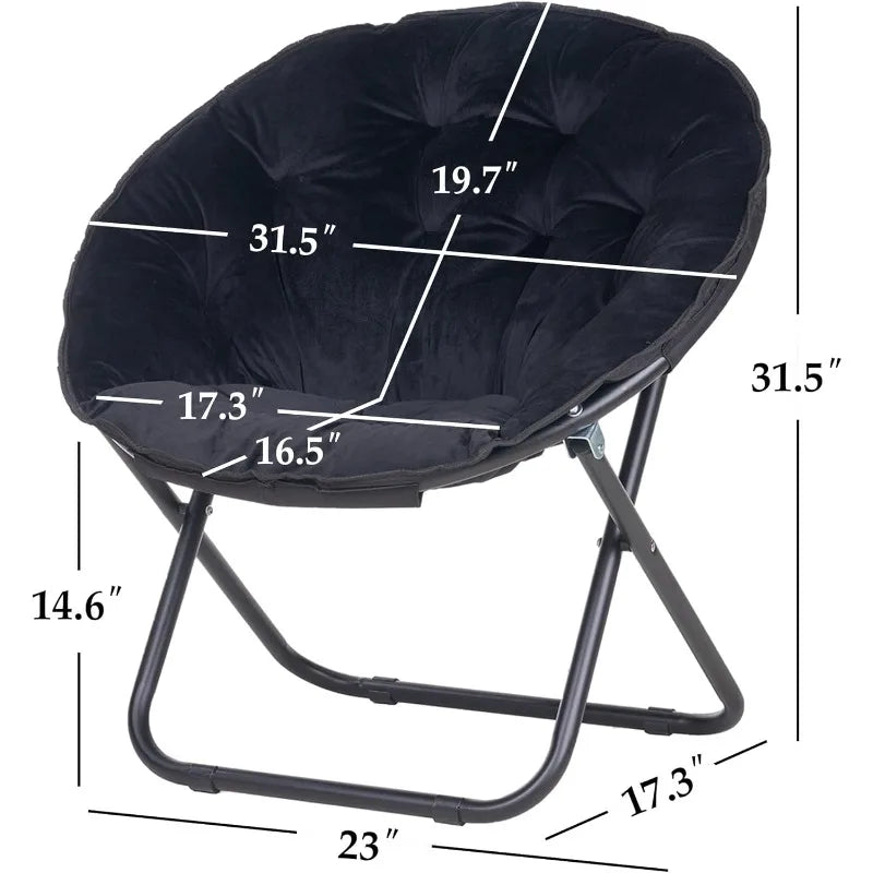 Saucer Chair for Adults Folding Moon Chair with Metal Frame Faux Fur for Bedroom Living Room Dorm Room Apartment Black