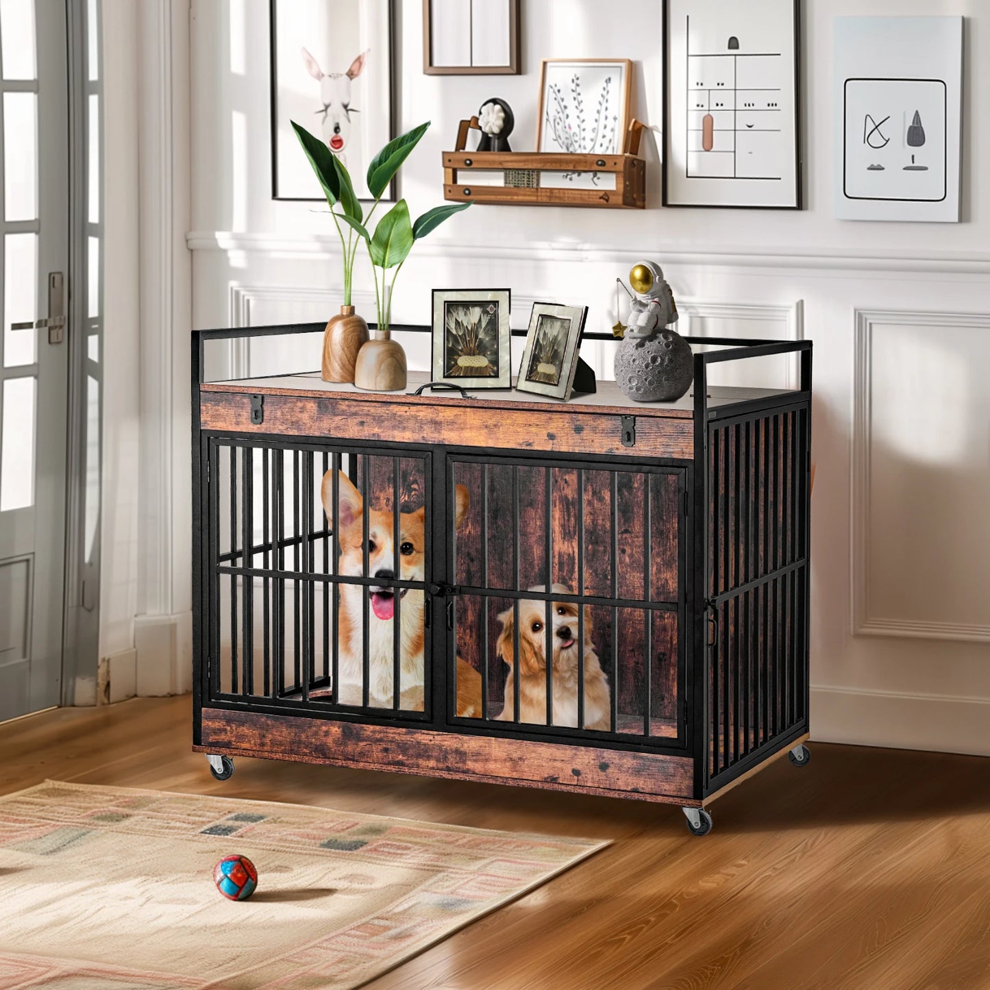Redlife Dog Crate Furniture End Table Heavy Duty Indoor Dog Kennel with Wheels and Feeder Bowls 43.7 x 30 x 37.8 Inches