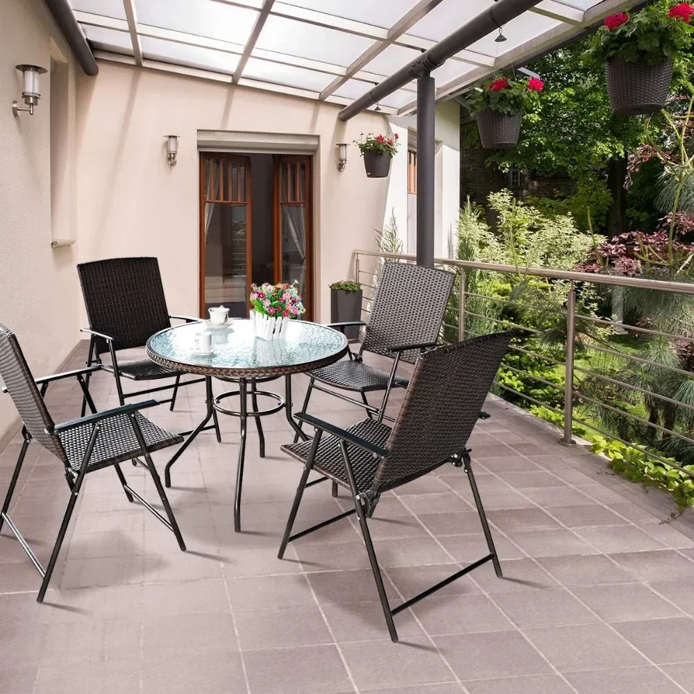 4 Piece Folding Patio Chair Set Outdoor Pool Lawn Portable Wicker Chairs with Armrest and Footrest Durable Rattan Steel Frame