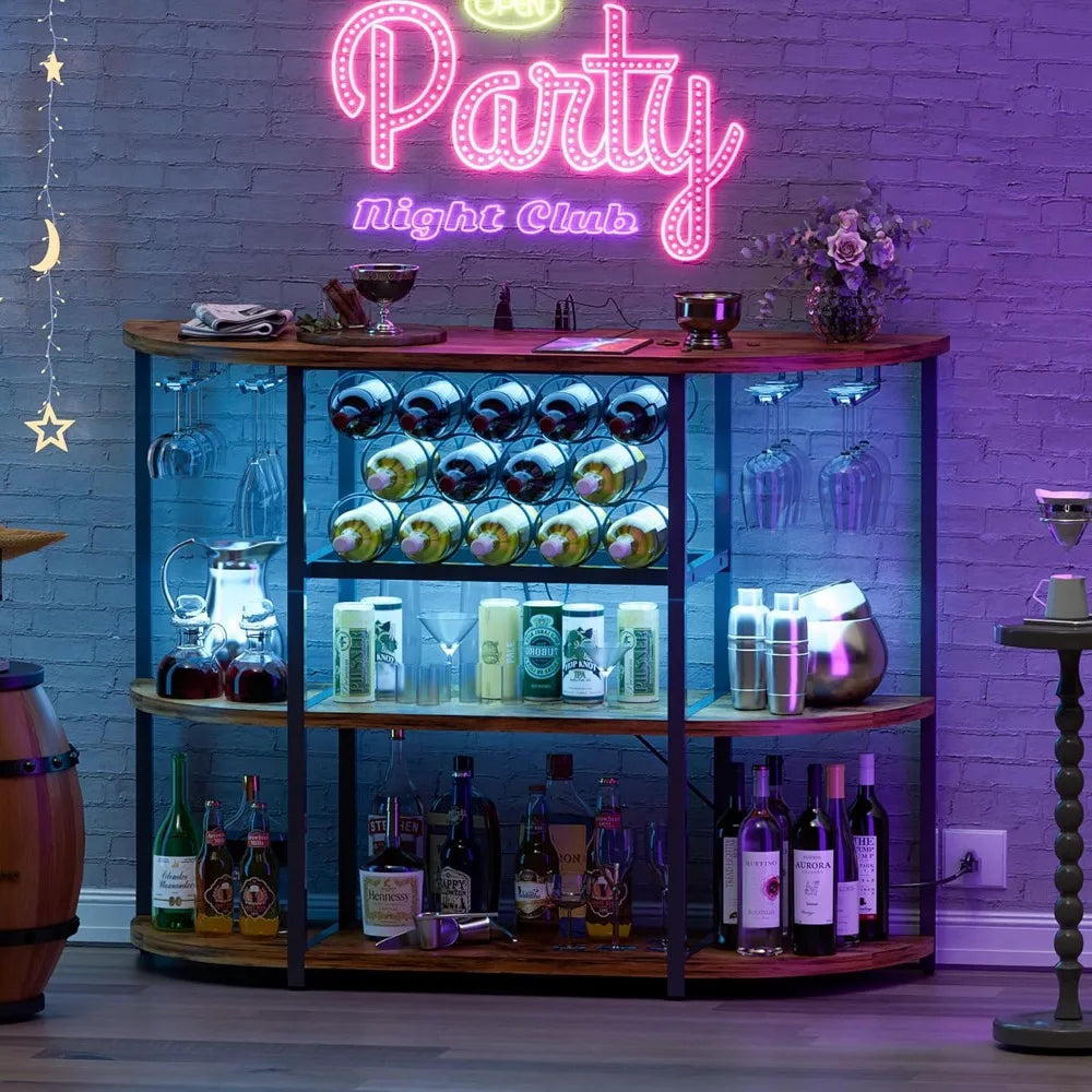 Wine Bar Cabinet with Lights and Outlet 4-Tier Freestanding Storage Rack in Brown Minimalist Modern Design