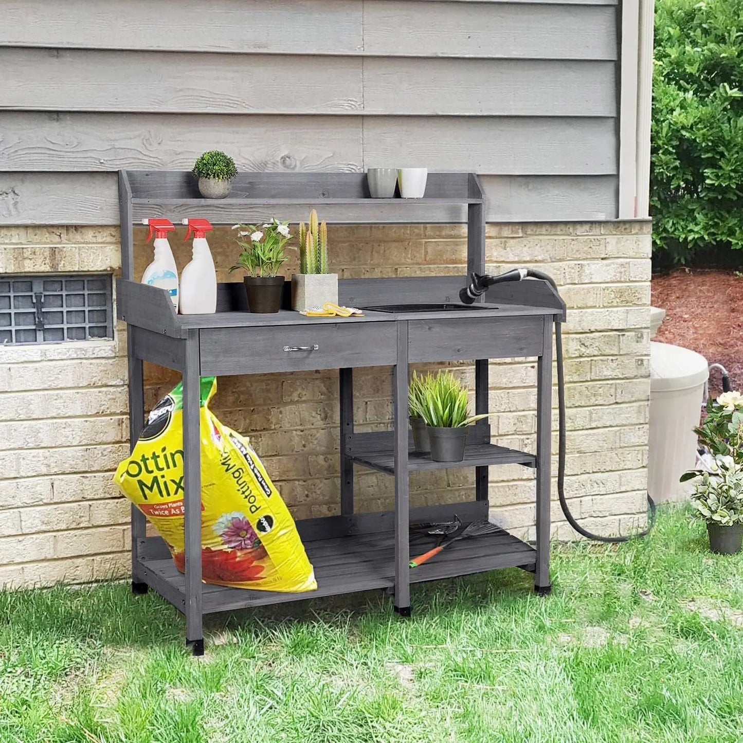 Outdoor Potting Bench Table Garden Workstation with Drawer Adjustable Shelf Removable Sink Hooks and Pads Gray