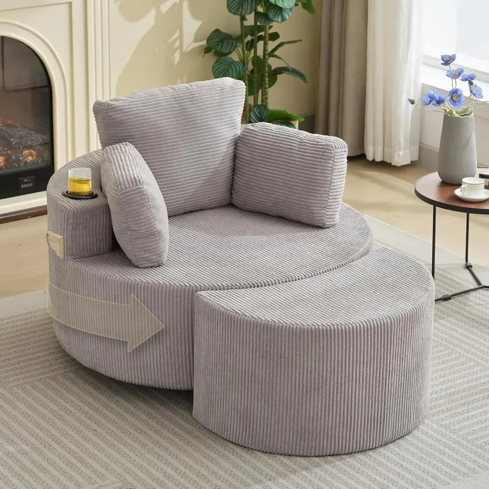 Swivel Accent Chair 42 Inch Wide Oversized Swivel Recliner Comfy Upholstered Round Barrel Chair with Ottoman for Living Room