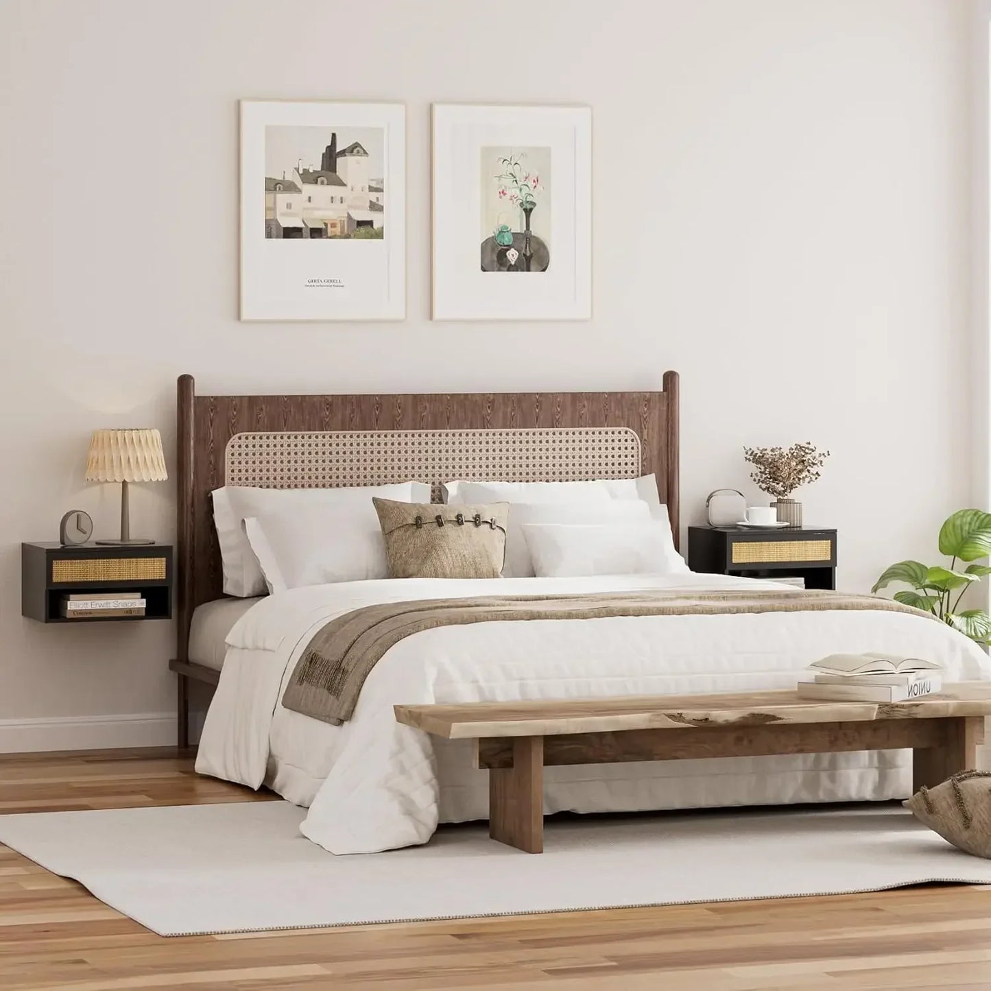 Floating Nightstand With Drawer Black Rattan For Bedroom
