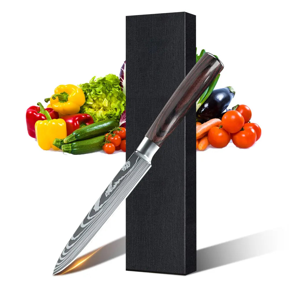 8PCS Japanese Kitchen Knife Set Professional Laser Damascus Pattern Stainless Steel Meat Cleaver Slicer Knife