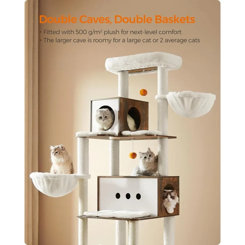 Cat Tree 77.5 Inch Tall Modern Cat Tower for Large Indoor Cats Multi Level Cat Condo with 2 Caves 2 Hammocks 4 Scratch Posts Heather Griege