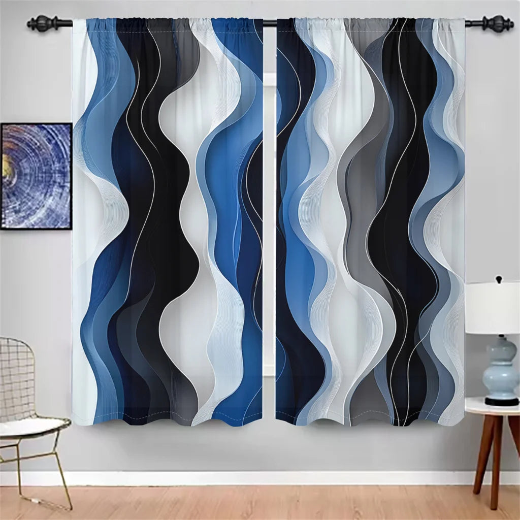 2 Pcs Modern Wave Curtains 3D Blue White Black Curve Pattern Living Room Bedroom Balcony Sunshade Abstract Art Decor