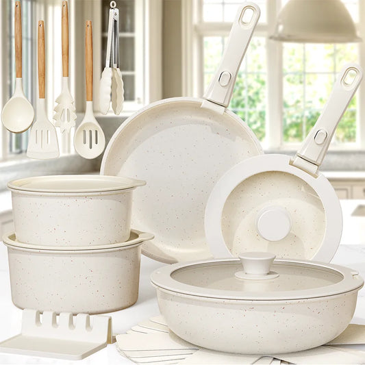 21 Piece Non Stick Pots and Pans Set Astercook Ceramic Cookware Set with Sensor Handles Milky White