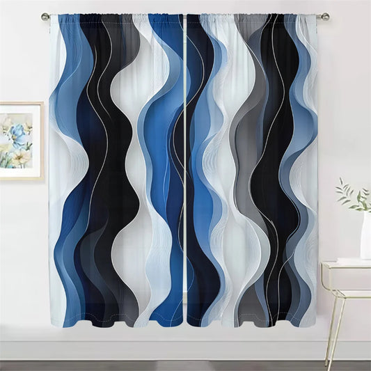 2 Pcs Modern Wave Curtains 3D Blue White Black Curve Pattern Living Room Bedroom Balcony Sunshade Abstract Art Decor
