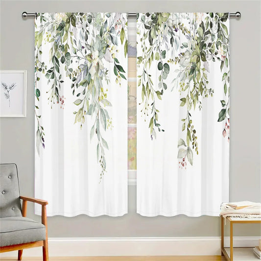 2Pcs Fresh Green Leaf Curtains Watercolor Plant Pattern Living Room Bedroom Window Decor Natural Forest Style Curtains