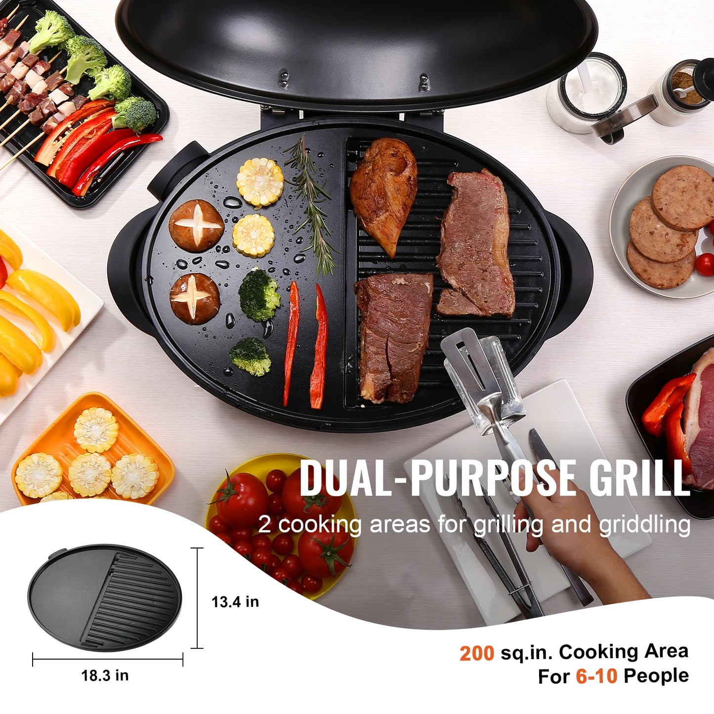 VEVOR Indoor Outdoor Electric Grill 1800W Two Zone Grilling