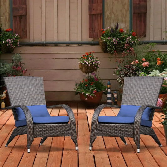 Adirondack Chairs Set of 2 Outdoor Wicker Rattan Fire Pit Chairs Oversized Comfy Relax Accent Patio Chairs with Blue Cushions
