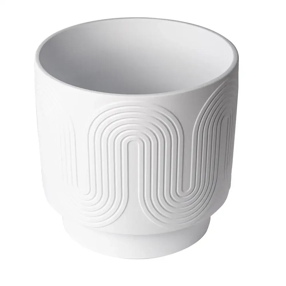 12 Inch White Ceramic Planter Grooved Wave Design Indoor Flower Pot with Drainage Plug