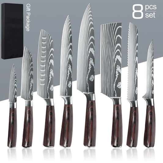 8PCS Japanese Kitchen Knife Set Professional Laser Damascus Pattern Stainless Steel Meat Cleaver Slicer Knife