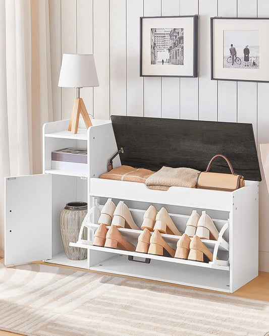 Farmhouse Shoe Storage Bench With Flip Drawer Seat White