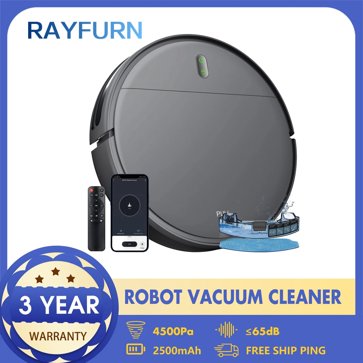 Rayfurn Robot Vacuum Cleaner 6000Pa Auto Charge App Control