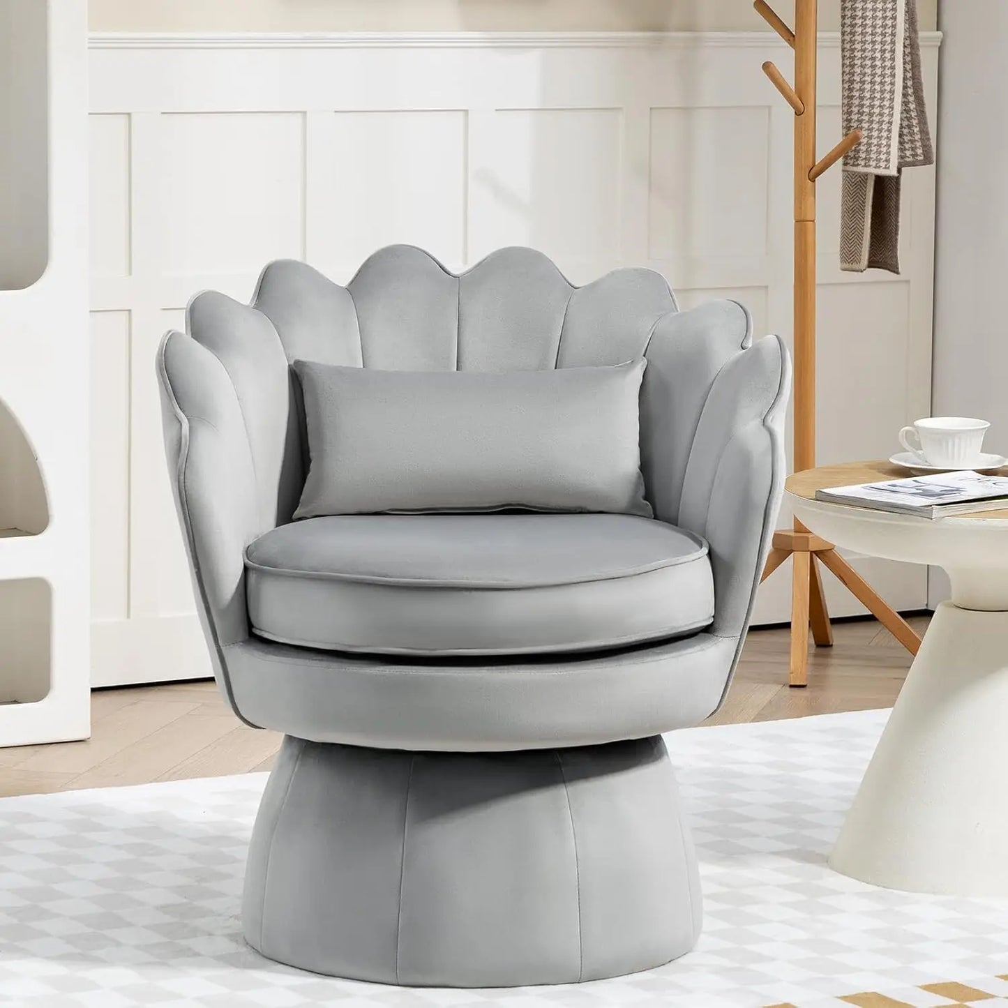 360° Swivel Accent Chair, Mid-Century Modern Velvet Barrel Chair, Comfy Shell Shape Arm Chair with Lumbar Pillow for Living Room