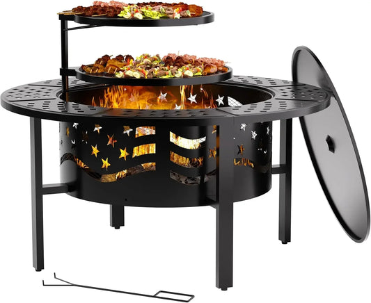 42 Inch Outdoor Fire Pit with 2 Grills Heavy Duty Metal Wood Burning Firepit with Cover and Poker Large Round Design