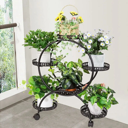 4 Layer 6 Pots Flower Holder Plant Stand Shelf 4 Wheel Free Moving Display Rack for Balcony and Garden