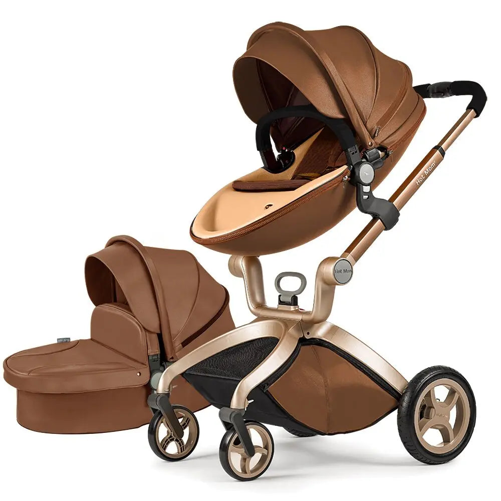 Hot Mom F22 Baby Stroller 3 In 1 Adjustable Seat Aluminum Frame Solid Rubber Tires Rain Cover Mosquito Net Large Storage Basket