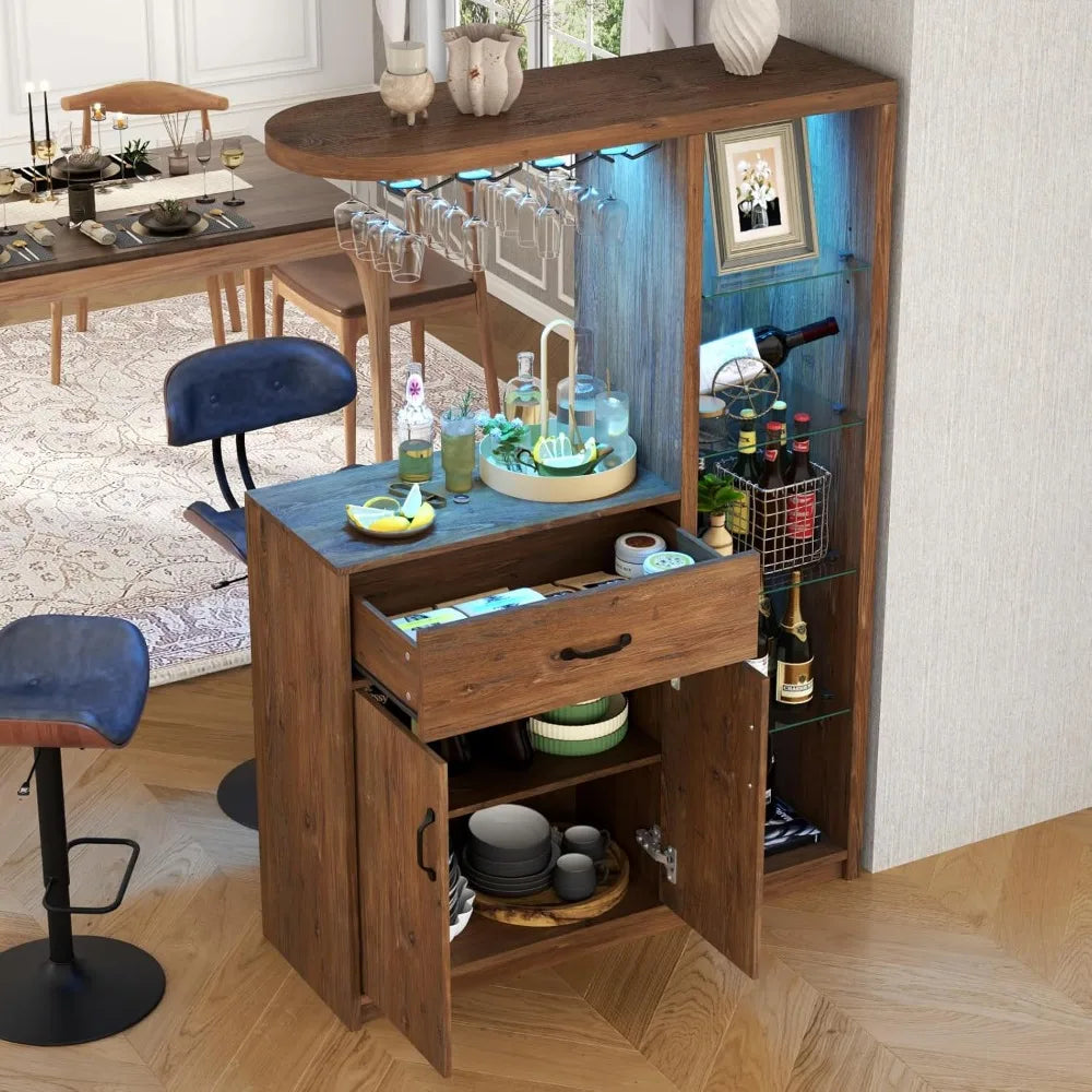 LED Bars Cabinet with Wine Glass Holder and Glass Display Cabinet Coffee Bars with Storage and Two Drawers for Home Dining Room