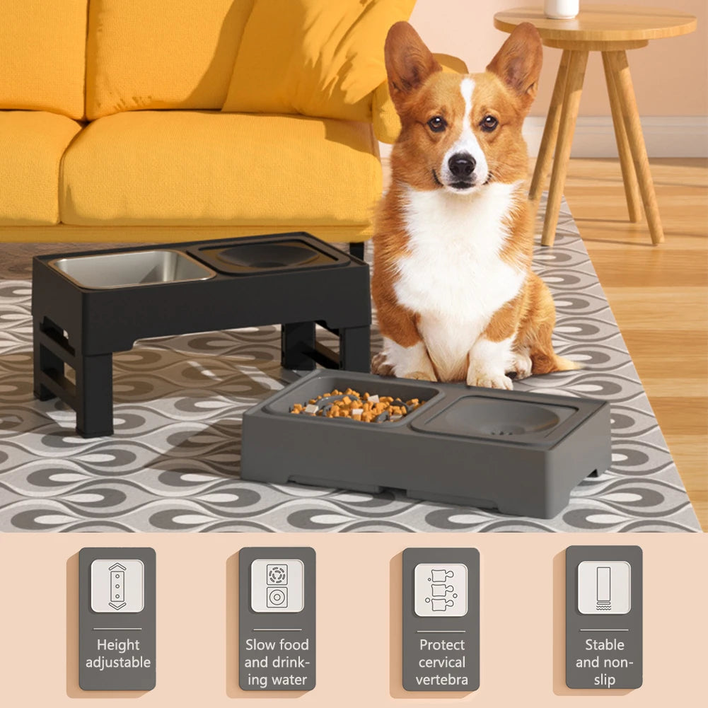 3 In 1 Pet Dog Stainless Steel Slow Feed Drinking Water Bowls Adjustable Height Large Pet Cat Dog Bowl Black
