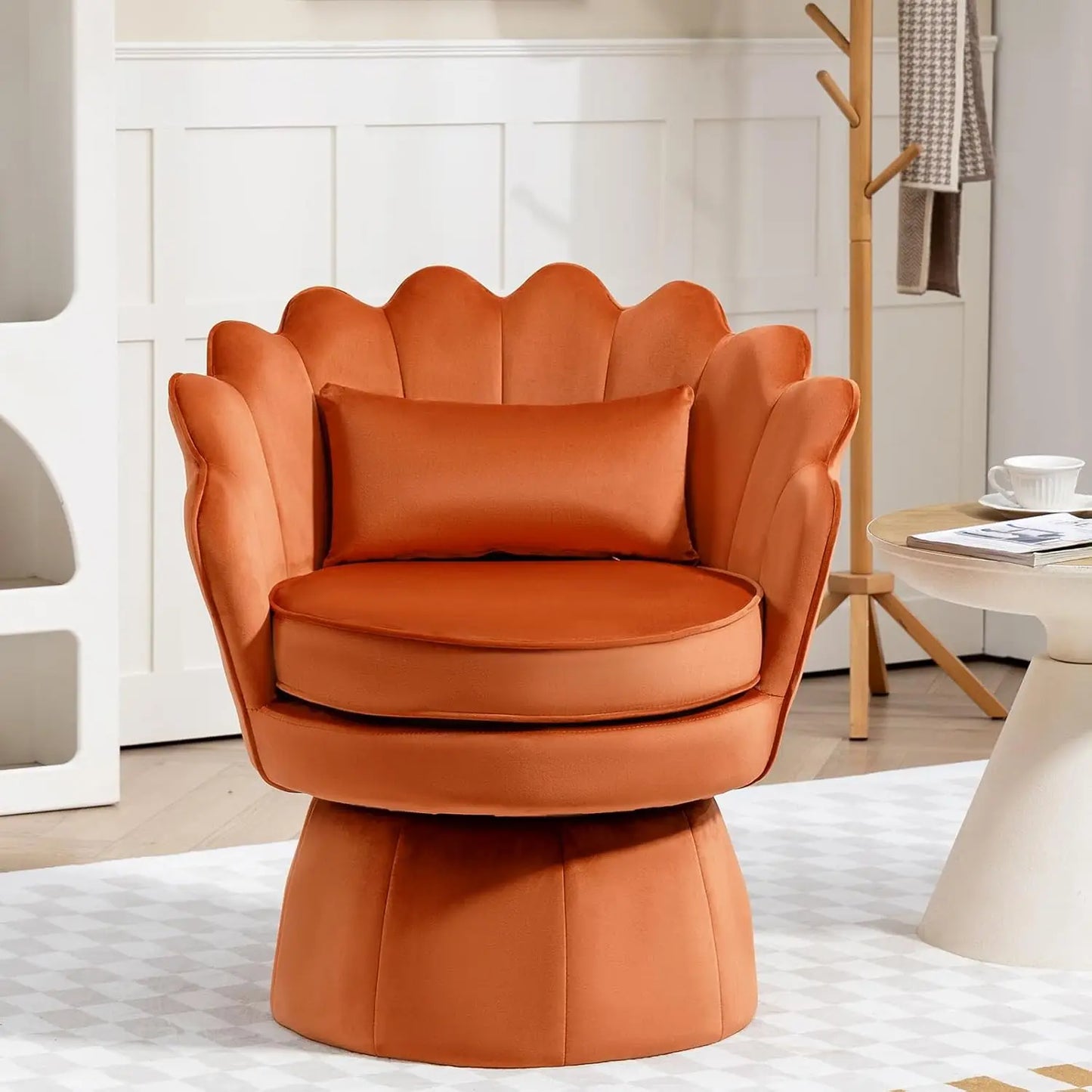 360° Swivel Accent Chair, Mid-Century Modern Velvet Barrel Chair, Comfy Shell Shape Arm Chair with Lumbar Pillow for Living Room