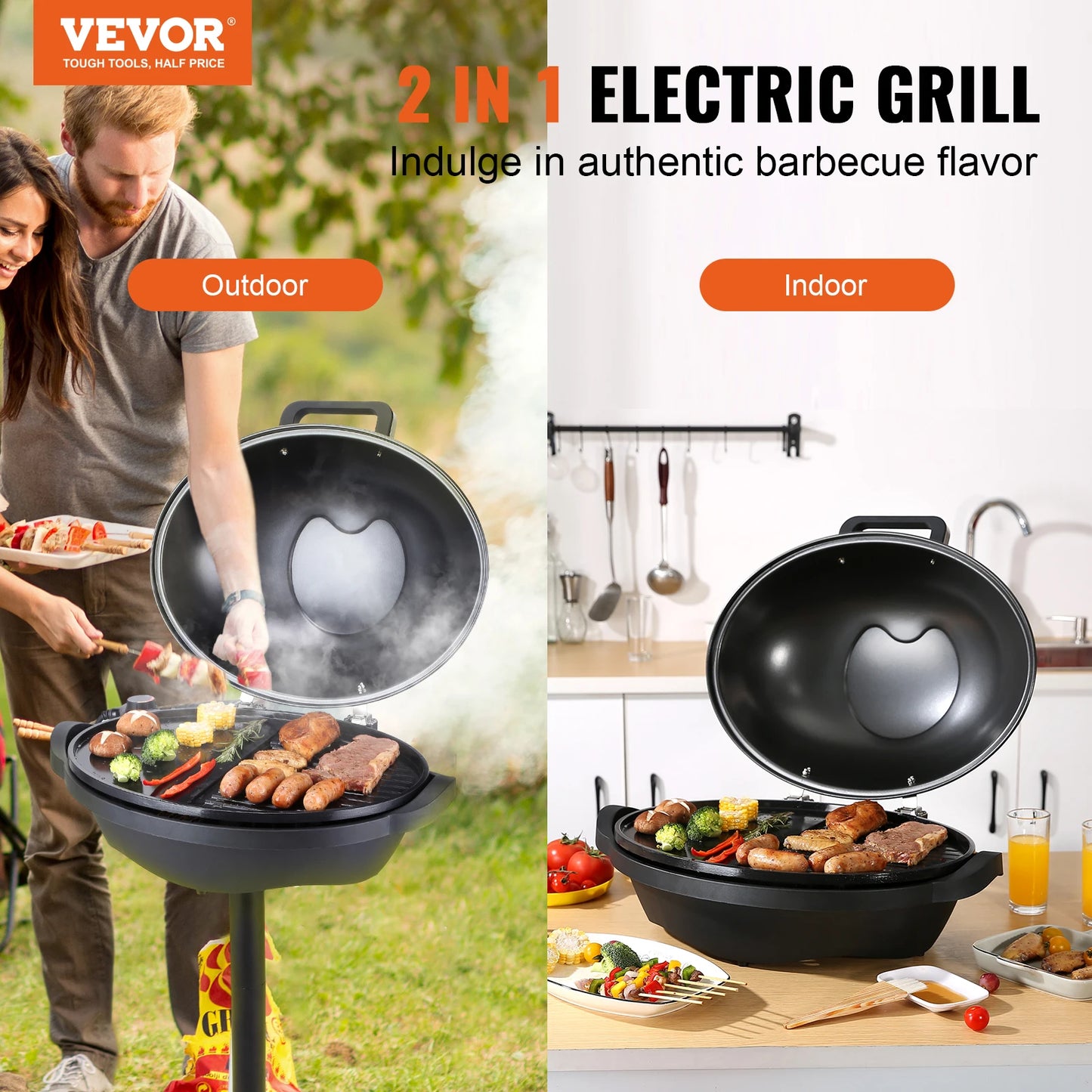 VEVOR Indoor Outdoor Electric Grill 1800W Two Zone Grilling