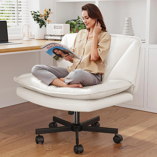 Armless 27 Inch Wide Criss Cross Chair with Wheels Leather Cross Legged Vanity Chair with Two Layer Cushion Swivel Modern Home Office White