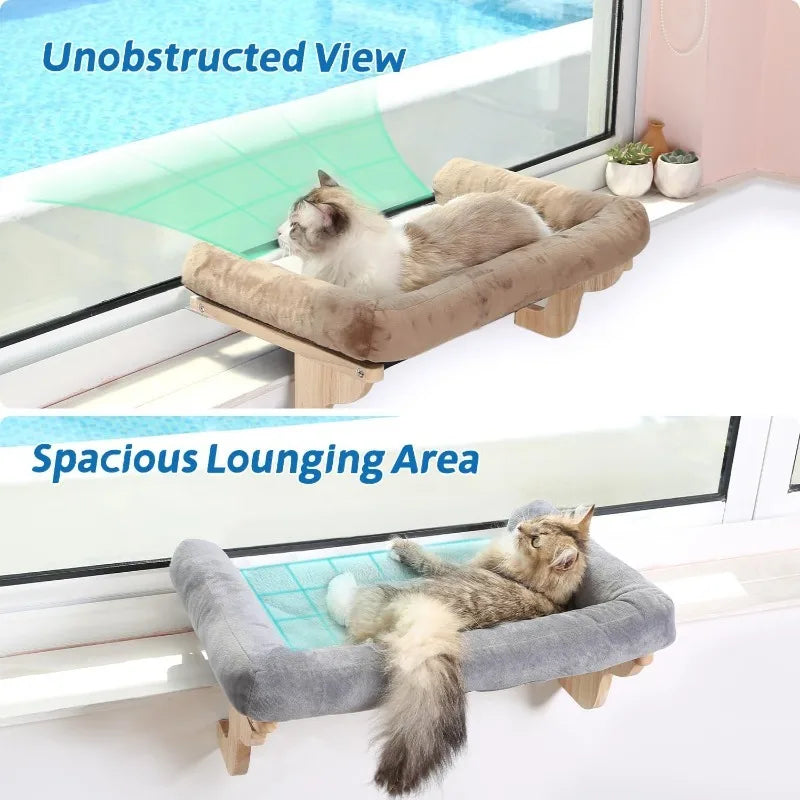 Cat Perch for Window Sill with Bolster Orthopedic Hammock Design Premium Hardwood Robust Metal Frame Cat Window Seat for Large Cats and Kittens Natural Color Wood with Gray Bed