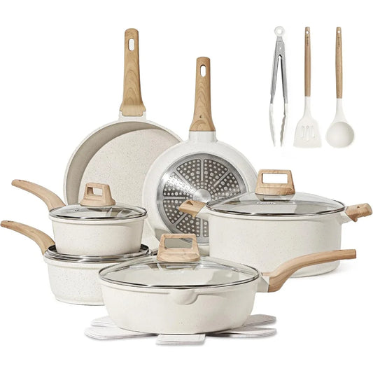 16 Piece Nonstick Pots and Pans Set White Granite Induction Cookware Set
