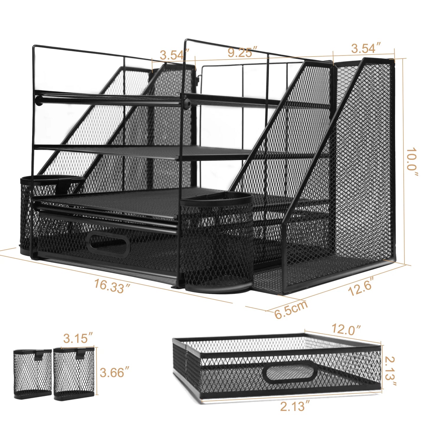 Office Desk Organizer and Accessories Large Capacity Desktop 4 Tray File Organizer with Drawer and 2 Pen Holders for School and Home