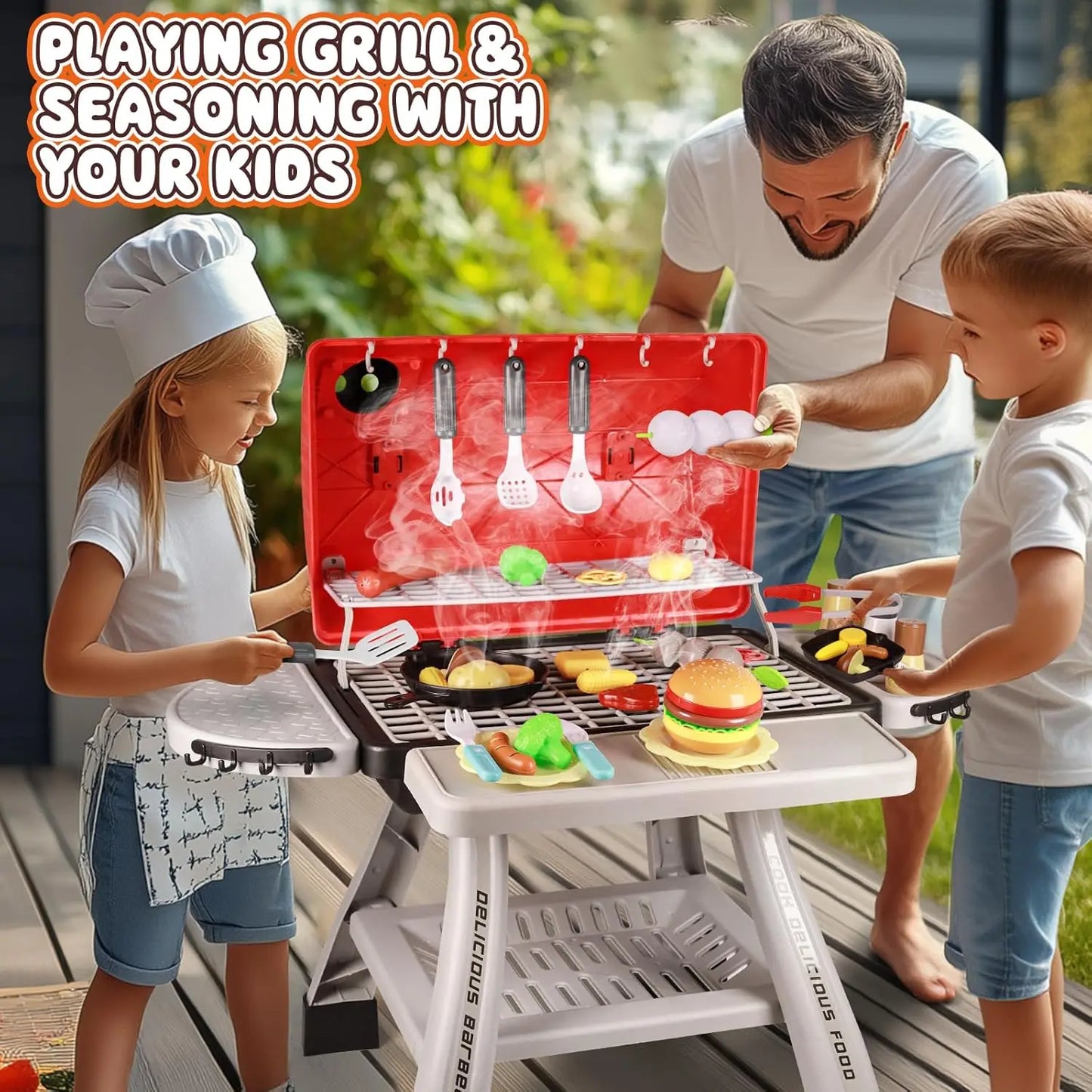 Kids Play Kitchen Grill BBQ Smoke Light 2 Layer Cooking Set
