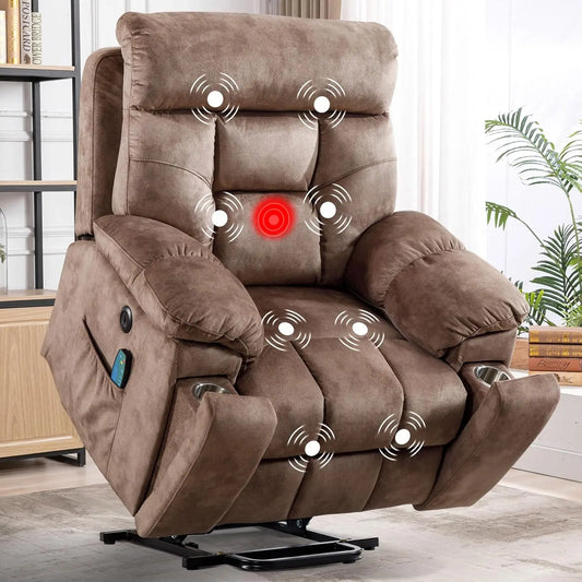 Massage and Heat Recliner for Elderly Big and Tall People Overstuffed Wide Chair with 2 Cup Holders Side Pocket and USB Port Camel