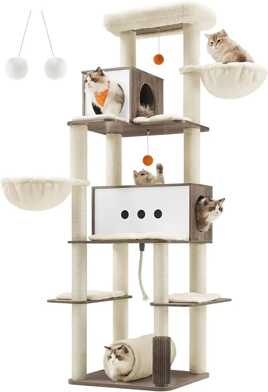 Cat Tree 77.5 Inch Tall Modern Cat Tower for Large Indoor Cats Multi Level Cat Condo with 2 Caves 2 Hammocks 4 Scratch Posts Heather Griege