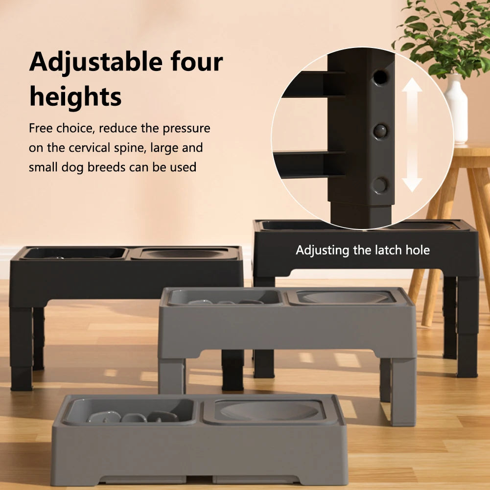 3 In 1 Pet Dog Stainless Steel Slow Feed Drinking Water Bowls Adjustable Height Large Pet Cat Dog Bowl Black