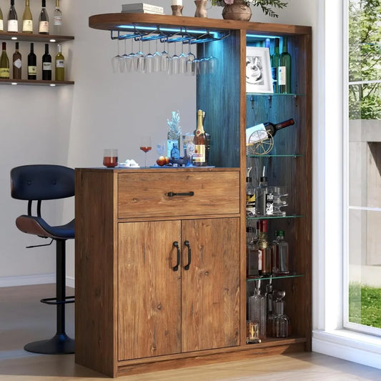 LED Bars Cabinet with Wine Glass Holder and Glass Display Cabinet Coffee Bars with Storage and Two Drawers for Home Dining Room