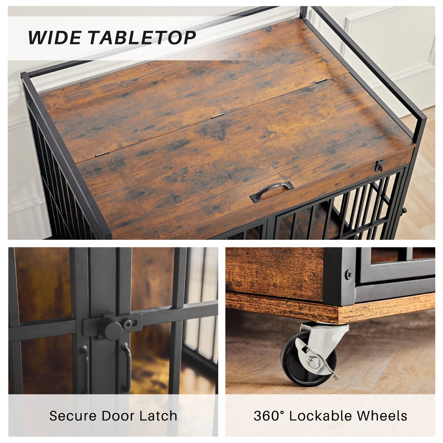 Redlife Dog Crate Furniture End Table Heavy Duty Indoor Dog Kennel with Wheels and Feeder Bowls 43.7 x 30 x 37.8 Inches
