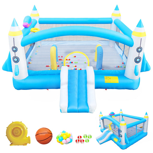Kids Inflatable Bounce House With Long Slide Basketball Hoop Heavy Duty Oxford Fabric For Family Backyard Fun