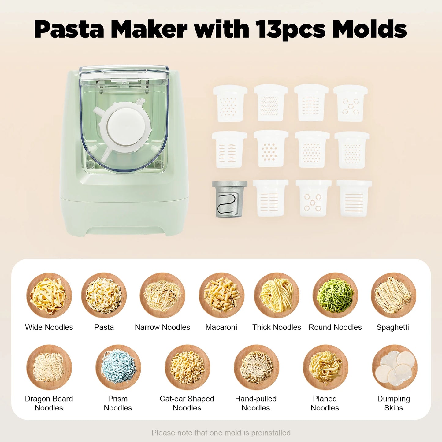 Electric Pasta Maker with 13 Molds Noodle Machine 110V Green