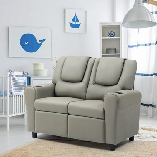 Double Recliner Chair With Cup Holder PU Leather Kids Sofa