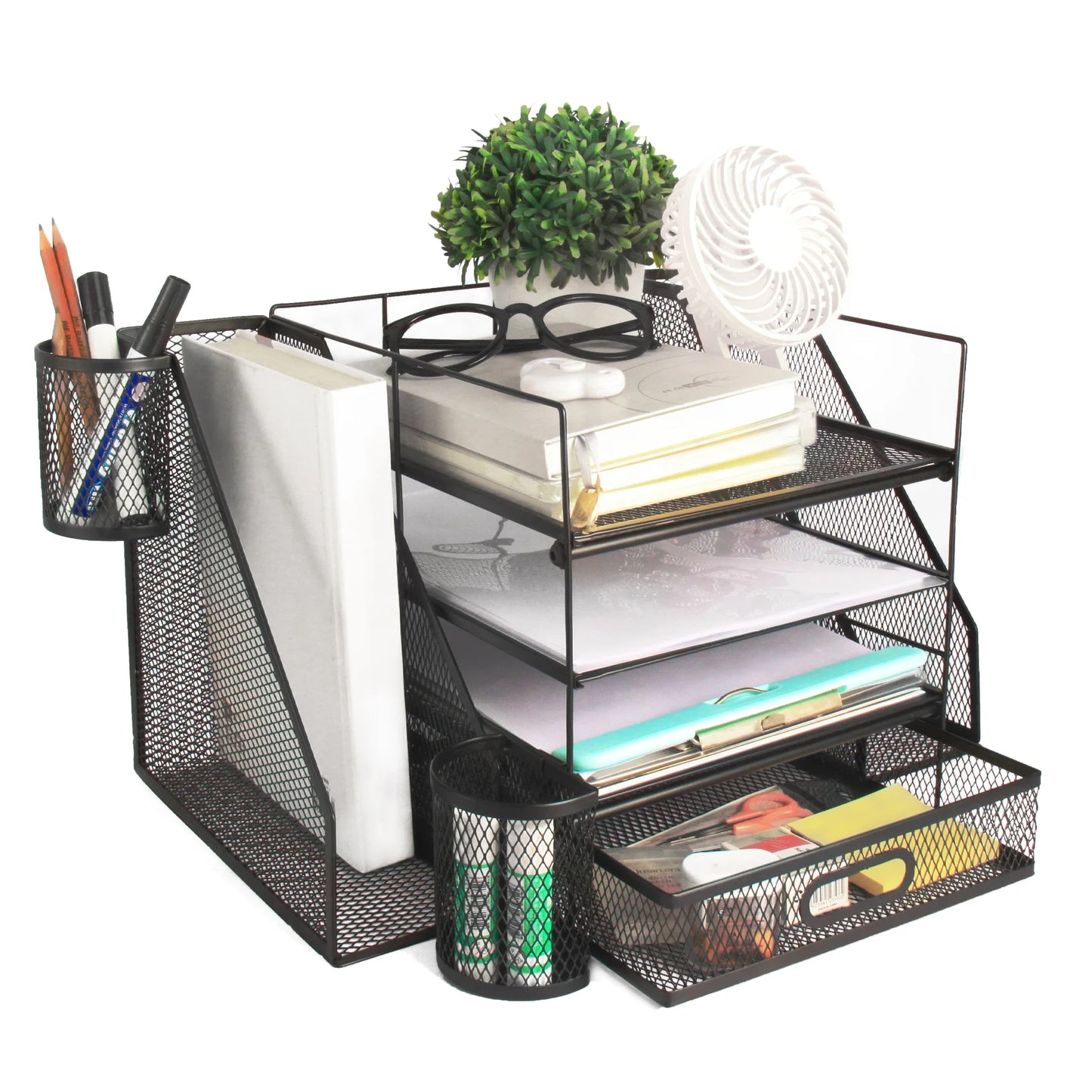 Office Desk Organizer and Accessories Large Capacity Desktop 4 Tray File Organizer with Drawer and 2 Pen Holders for School and Home