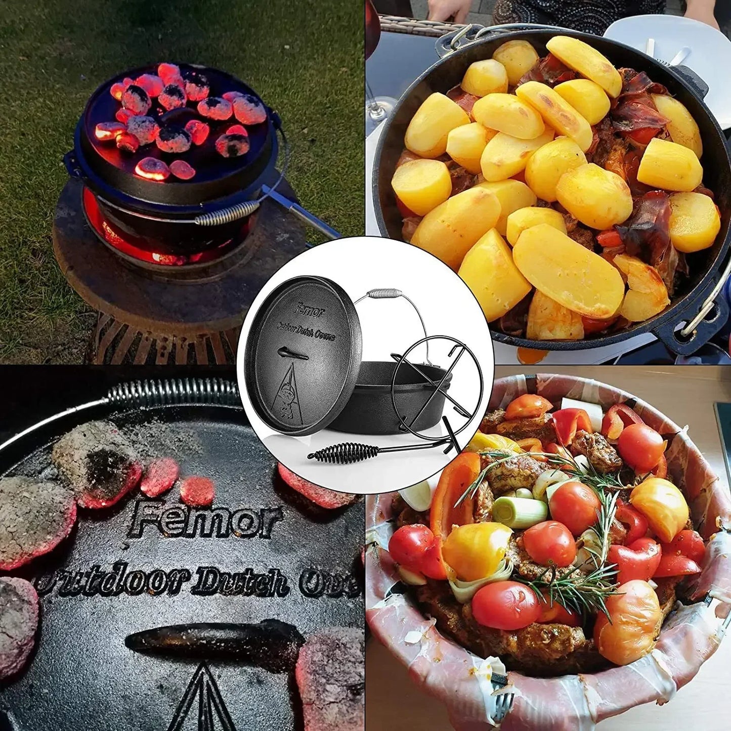 Femor Dutch Oven Cast Iron 5.8 Liter Camping Cookware Casserole for Outdoor Barbecue