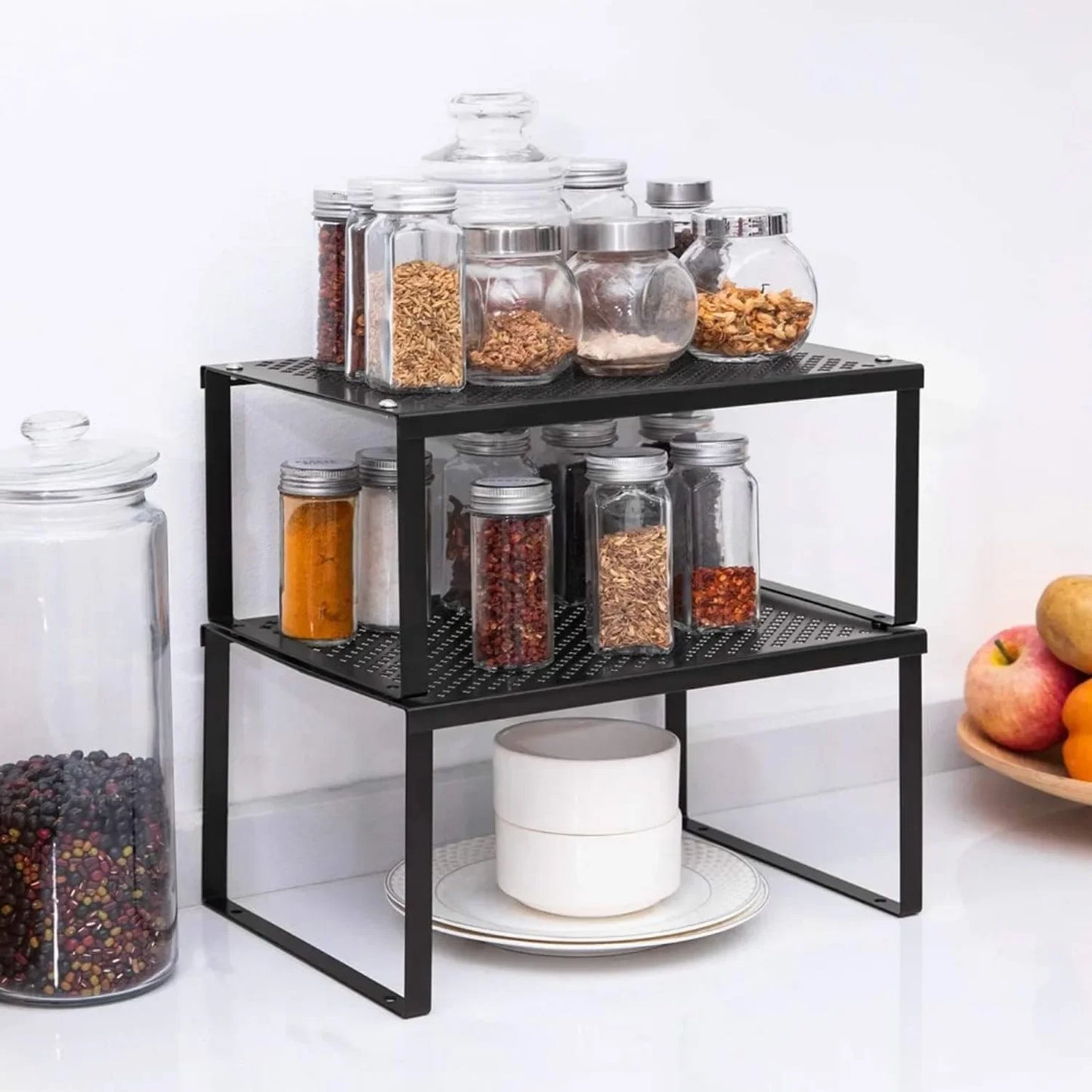 Expandable Stackable Kitchen Cabinet and Counter Shelving Organizer Multi Use Space Saving Storage Black