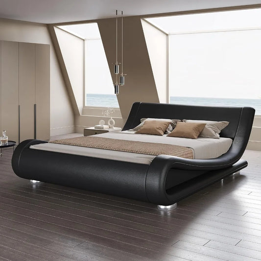 Bed frame, Low Profile Sleigh Bed with Faux Leather Ergonomics Headboard, No Box Spring Needed Easy Assembly, Bedroom Furniture