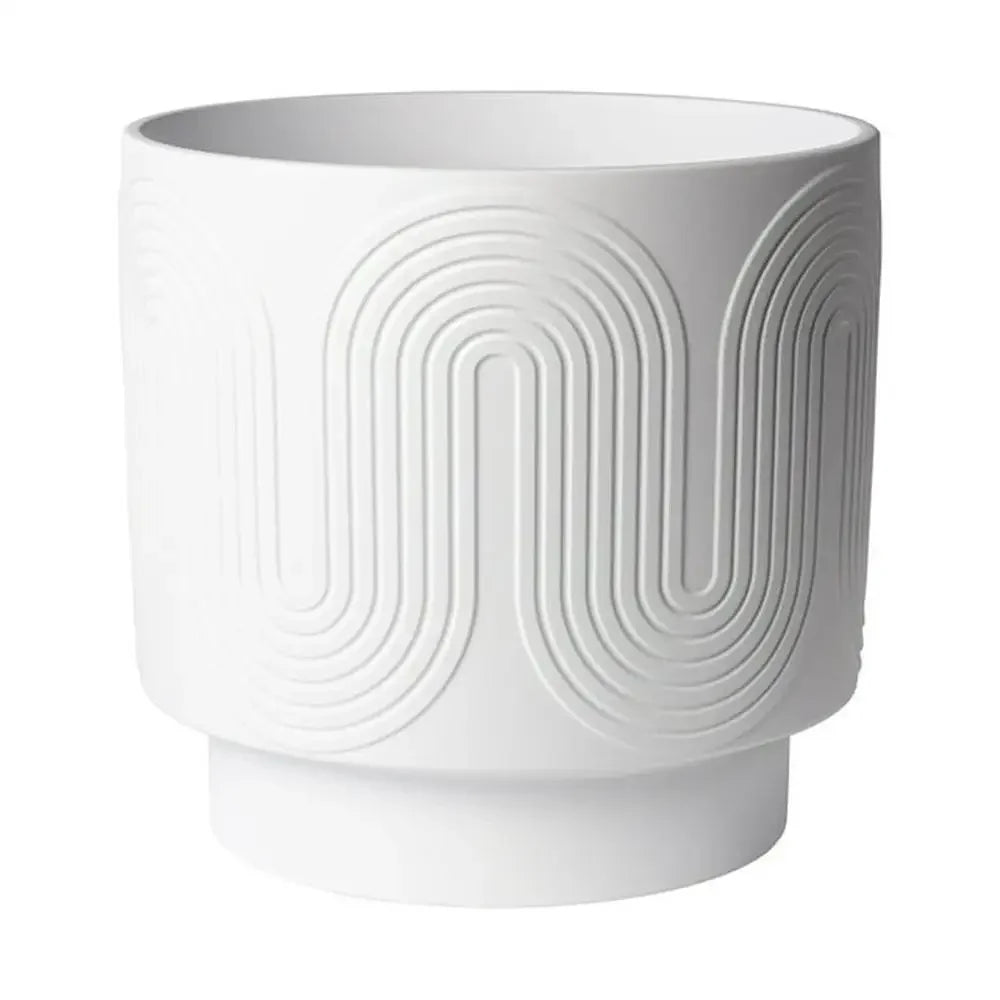 12 Inch White Ceramic Planter Grooved Wave Design Indoor Flower Pot with Drainage Plug