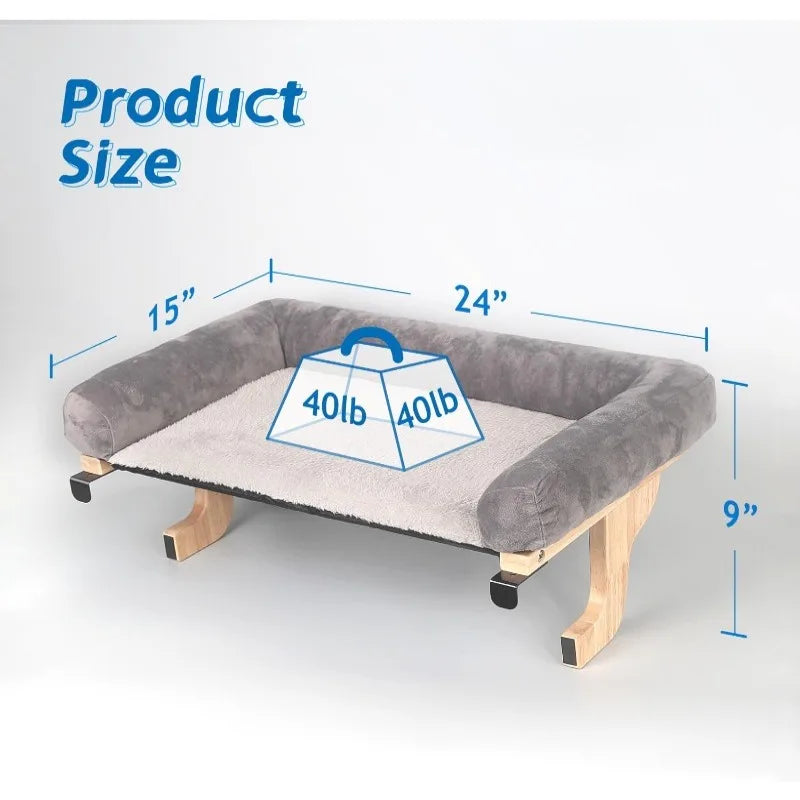 Cat Perch for Window Sill with Bolster Orthopedic Hammock Design Premium Hardwood Robust Metal Frame Cat Window Seat for Large Cats and Kittens Natural Color Wood with Gray Bed