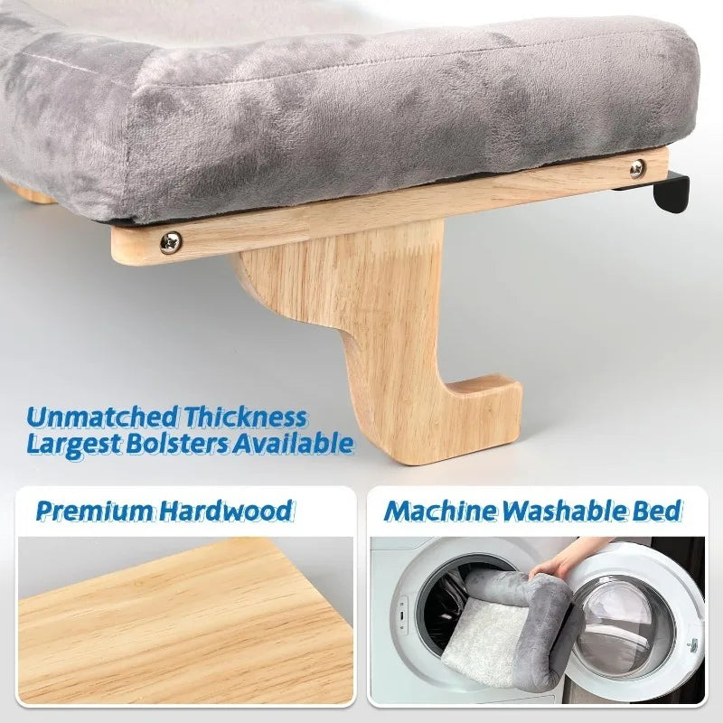 Cat Perch for Window Sill with Bolster Orthopedic Hammock Design Premium Hardwood Robust Metal Frame Cat Window Seat for Large Cats and Kittens Natural Color Wood with Gray Bed